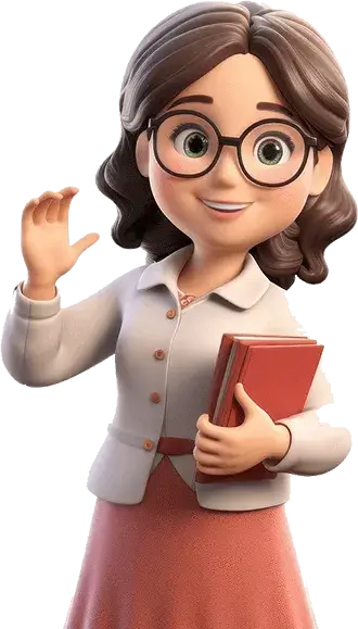 Cute animated female teacher with glasses holding red books and waving – friendly mascot representing welcoming learning environment at GS Trainings Pakistan.