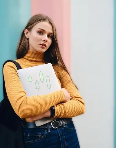 Young Pakistani woman holding laptop with rising Rupee symbols, representing GS Trainings’ affordable online earning courses in Pakistan including Forex, Crypto, Stock Trading, and digital skills.