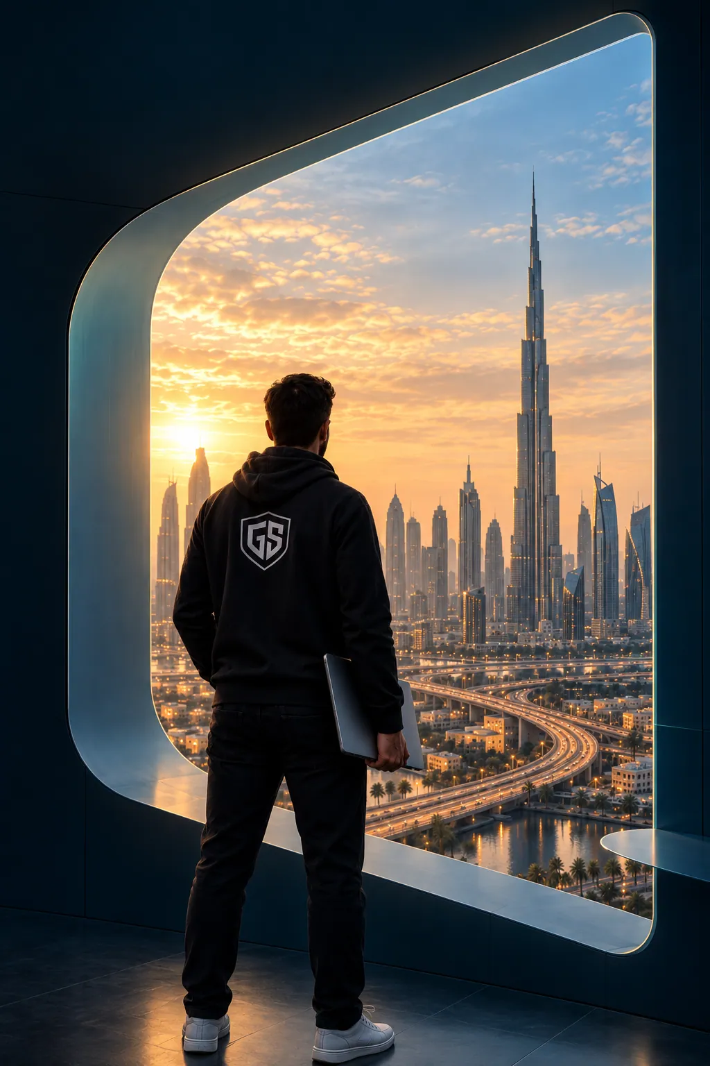 GS Trainings student looking through futuristic portal at skyline